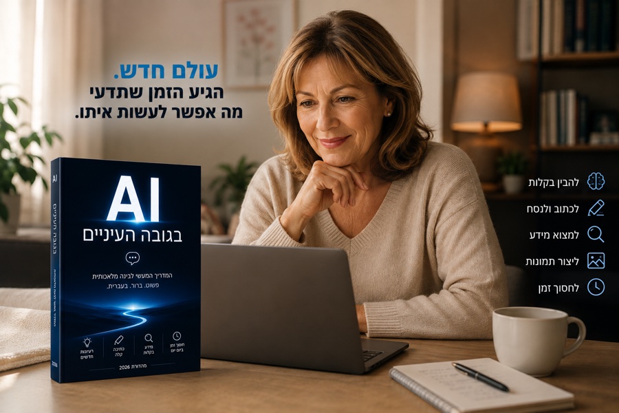 אישה יושבת בסלון מול מחשב נייד, לצידה המדריך AI בגובה העיניים, והכיתוב: עולם חדש. הגיע הזמן שתדעי מה אפשר לעשות איתו